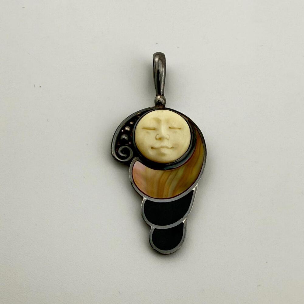 Signed Sajen 925 Sterling Silver Mother of Pearl Sleeping Moon Face Pendant